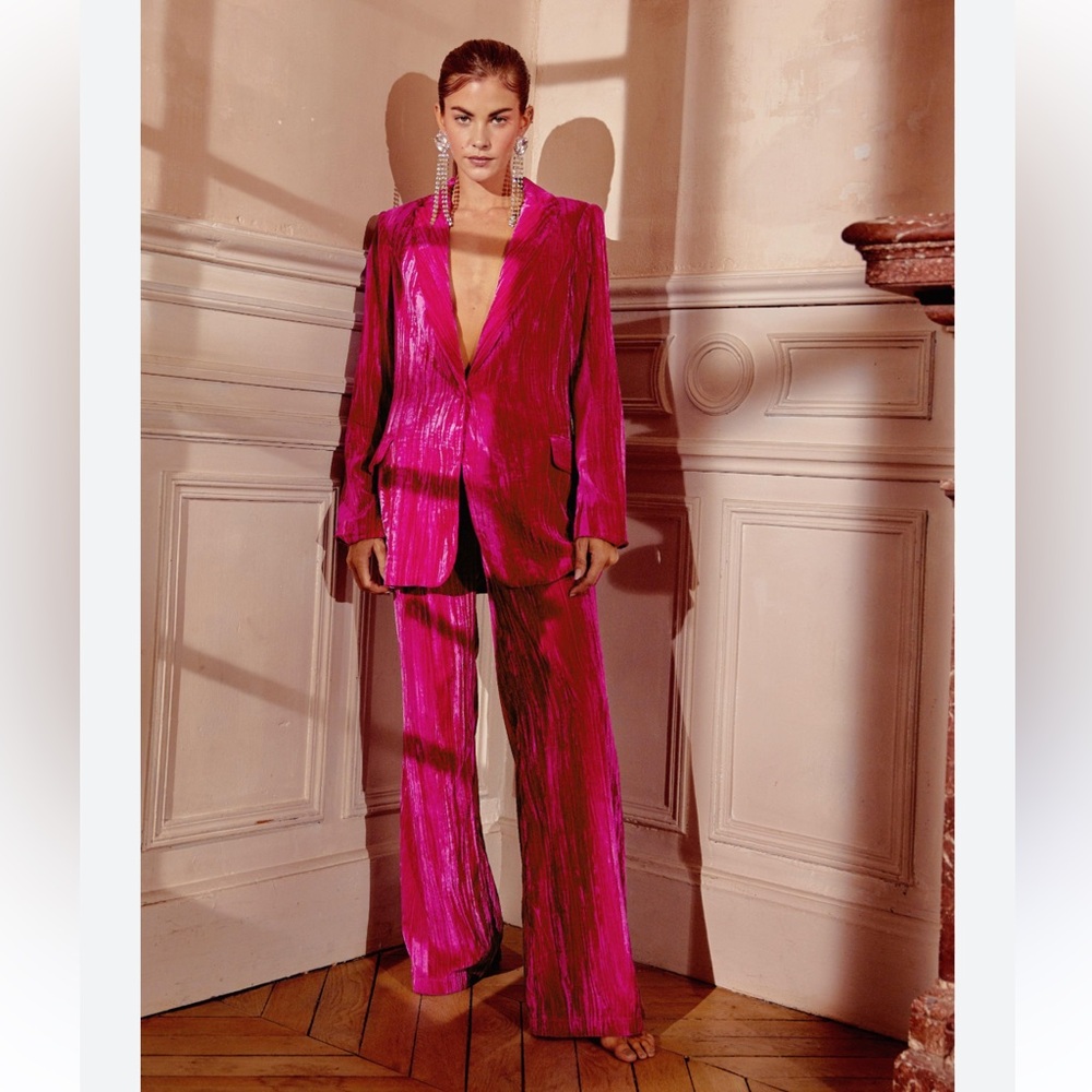 Nasty Gal Crushed Velvet Hot Pink Blazer & High Waisted Wide Leg Pants 10